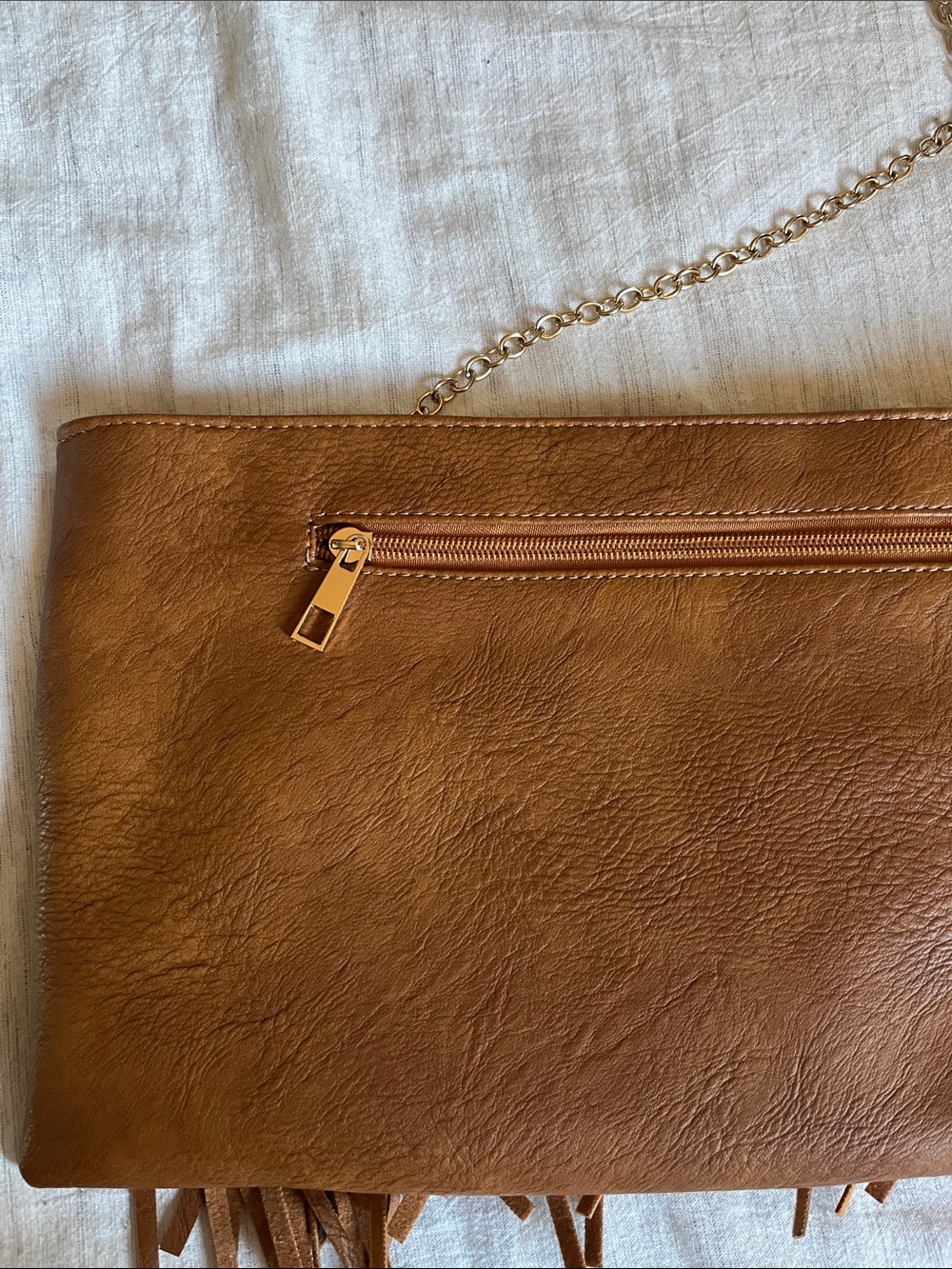 Faux Leather Fringe Crossbody Bag with Embroidered Trim, Like New - Picture 5 of 7
